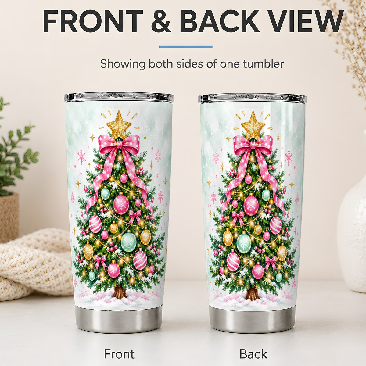 #pl[20oz|Steel] Pink Bow Christmas Tree Tumbler, 20oz Stainless Steel Holiday Drinkware