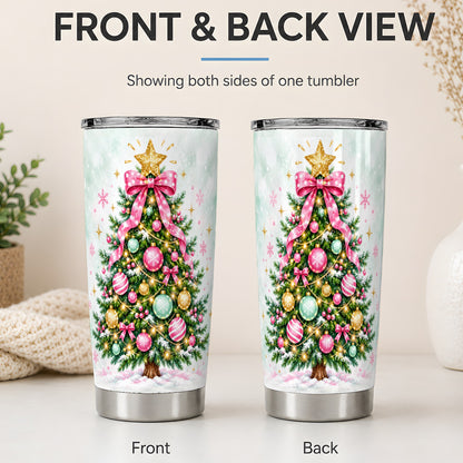 #pl[20oz|Steel] Pink Bow Christmas Tree Tumbler, 20oz Stainless Steel Holiday Drinkware