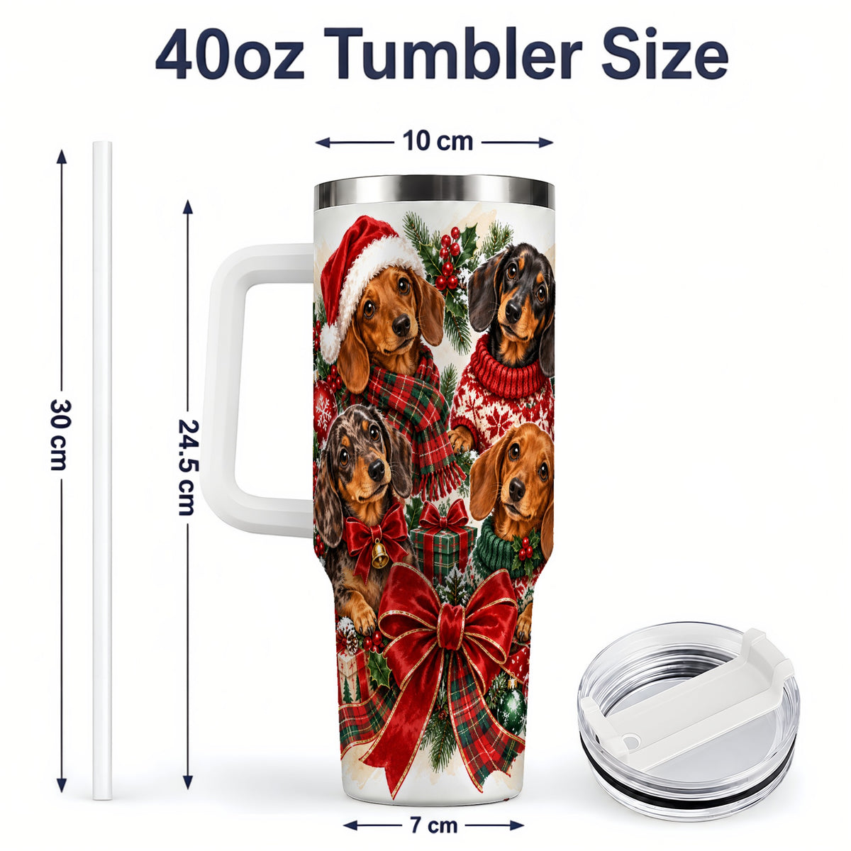 #pl[40oz|White] Christmas Dachshund Handled Tumbler, 40oz Festive Dog Drinkware
