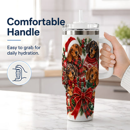 #pl[40oz|White] Christmas Dachshund Handled Tumbler, 40oz Festive Dog Drinkware