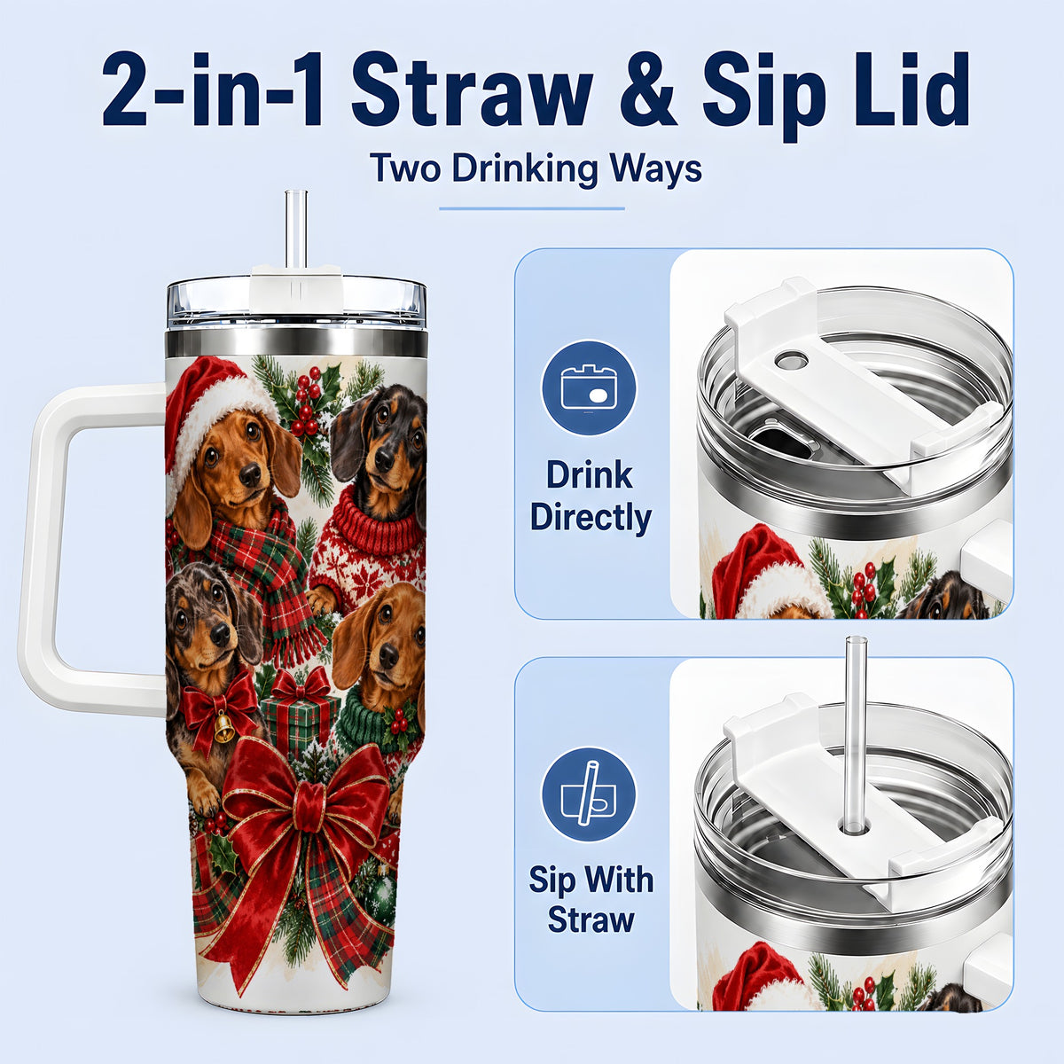 #pl[40oz|White] Christmas Dachshund Handled Tumbler, 40oz Festive Dog Drinkware