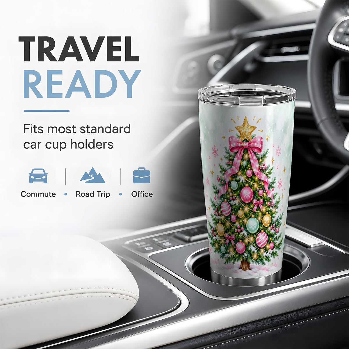 Pink Bow Christmas Tree Tumbler, 20oz Stainless Steel Holiday Drinkware