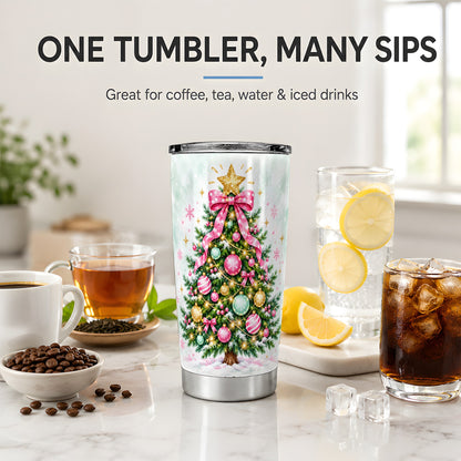 Pink Bow Christmas Tree Tumbler, 20oz Stainless Steel Holiday Drinkware