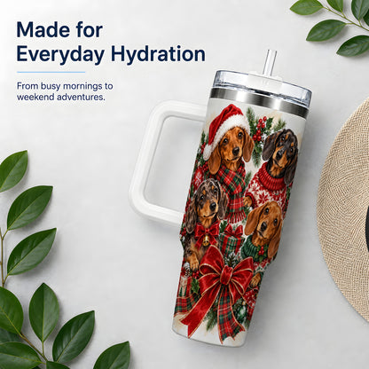 Christmas Dachshund Handled Tumbler, 40oz Festive Dog Drinkware