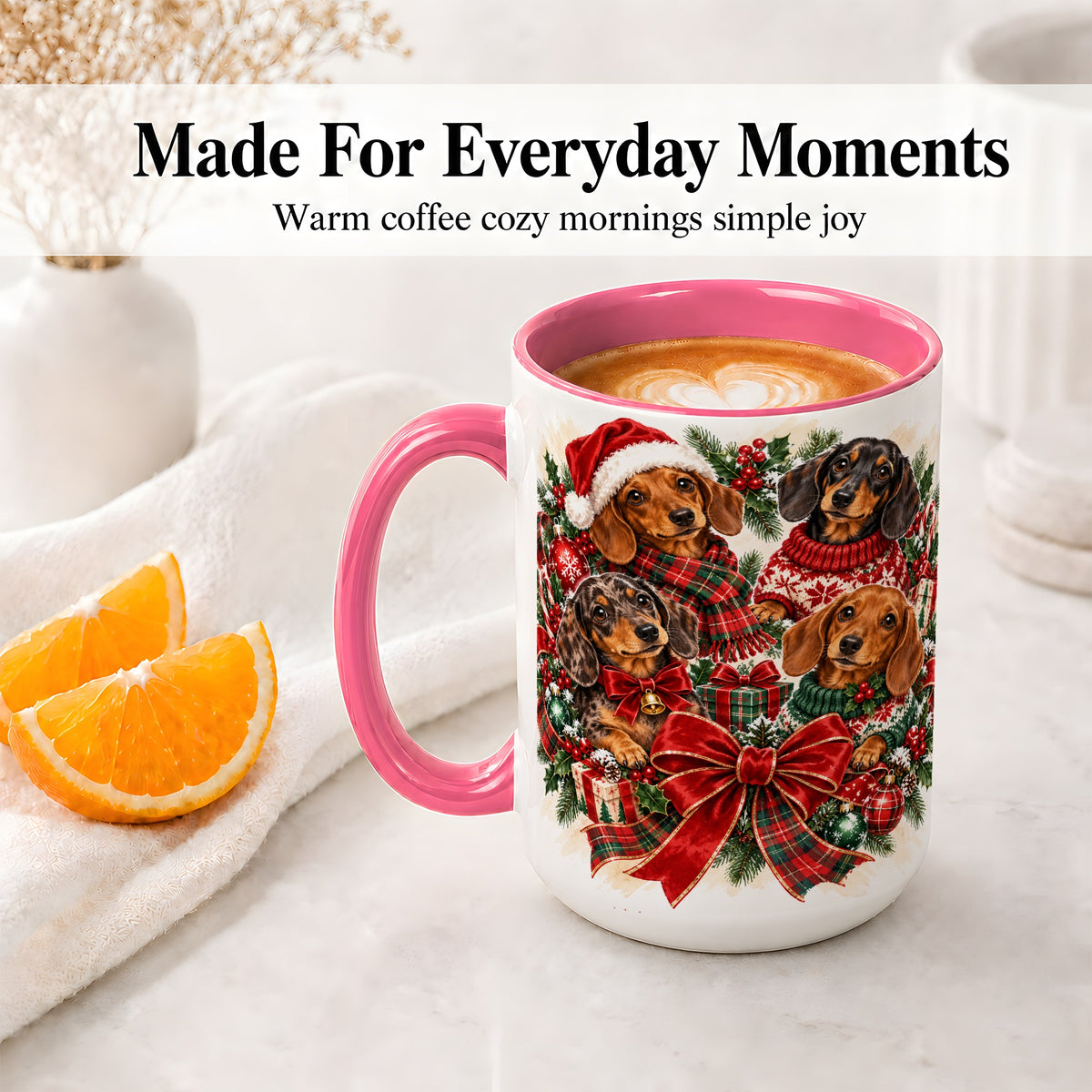 #pl[15oz|Pink] Christmas Dachshund Accent Mug, Ceramic Cup for Dog Lovers