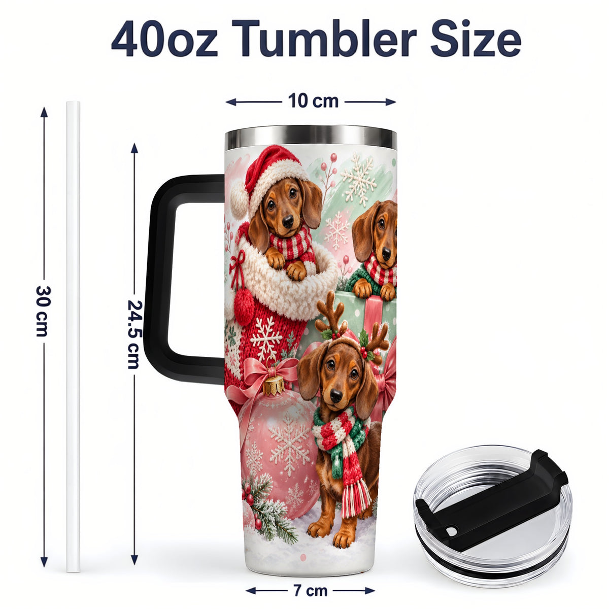 #pl[40oz|Black] Christmas Dachshund Puppies Handled Tumbler, 40oz Holiday Drinkware