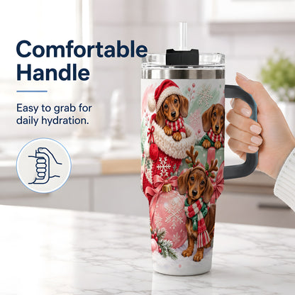 #pl[40oz|Black] Christmas Dachshund Puppies Handled Tumbler, 40oz Holiday Drinkware