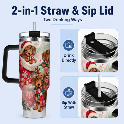 #pl[40oz|Black] Christmas Dachshund Puppies Handled Tumbler, 40oz Holiday Drinkware