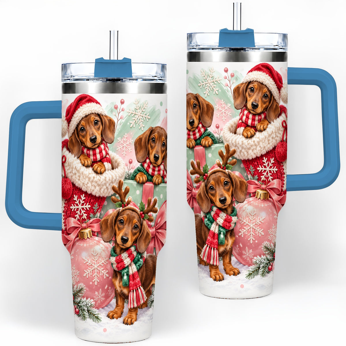 #pl[40oz|Blue] Christmas Dachshund Puppies Handled Tumbler, 40oz Holiday Drinkware