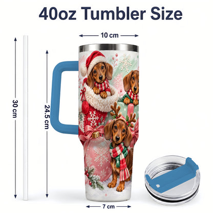 #pl[40oz|Blue] Christmas Dachshund Puppies Handled Tumbler, 40oz Holiday Drinkware