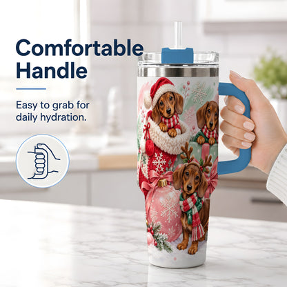 #pl[40oz|Blue] Christmas Dachshund Puppies Handled Tumbler, 40oz Holiday Drinkware