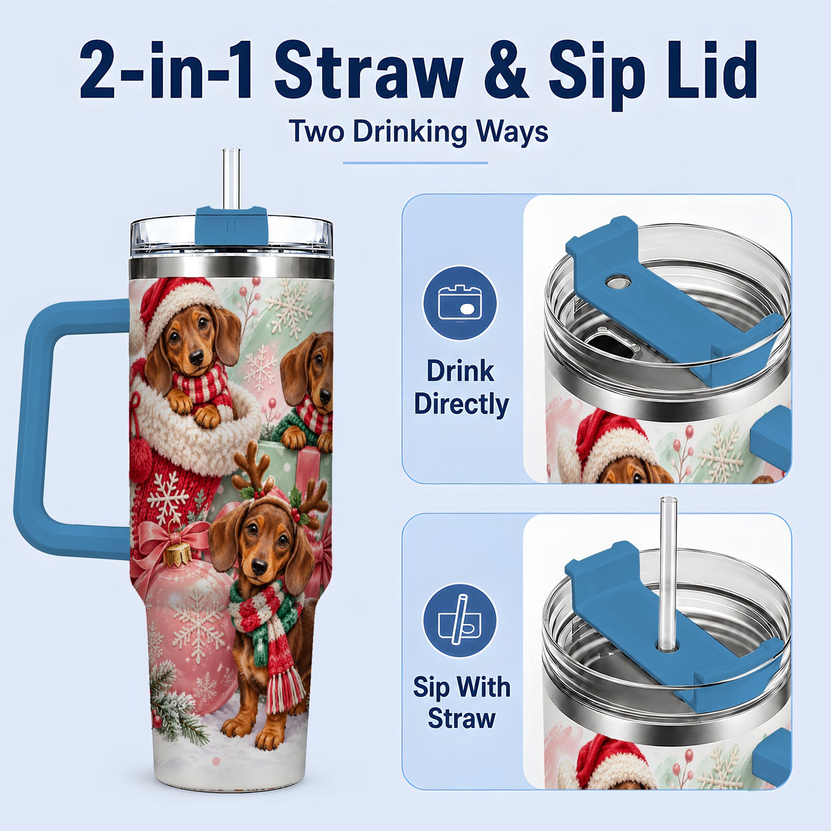 #pl[40oz|Blue] Christmas Dachshund Puppies Handled Tumbler, 40oz Holiday Drinkware