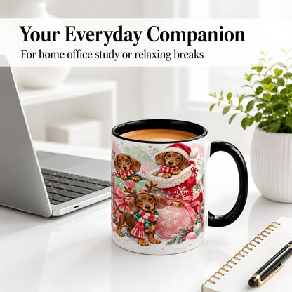 #pl[11oz|Black] Christmas Dachshund Puppies Accent Mug, Ceramic Holiday Cup