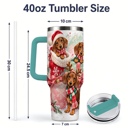 #pl[40oz|Green] Christmas Dachshund Puppies Handled Tumbler, 40oz Holiday Drinkware