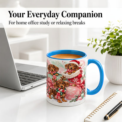 #pl[11oz|Blue] Christmas Dachshund Puppies Accent Mug, Ceramic Holiday Cup