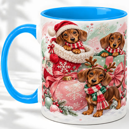 #pl[11oz|Blue] Christmas Dachshund Puppies Accent Mug, Ceramic Holiday Cup