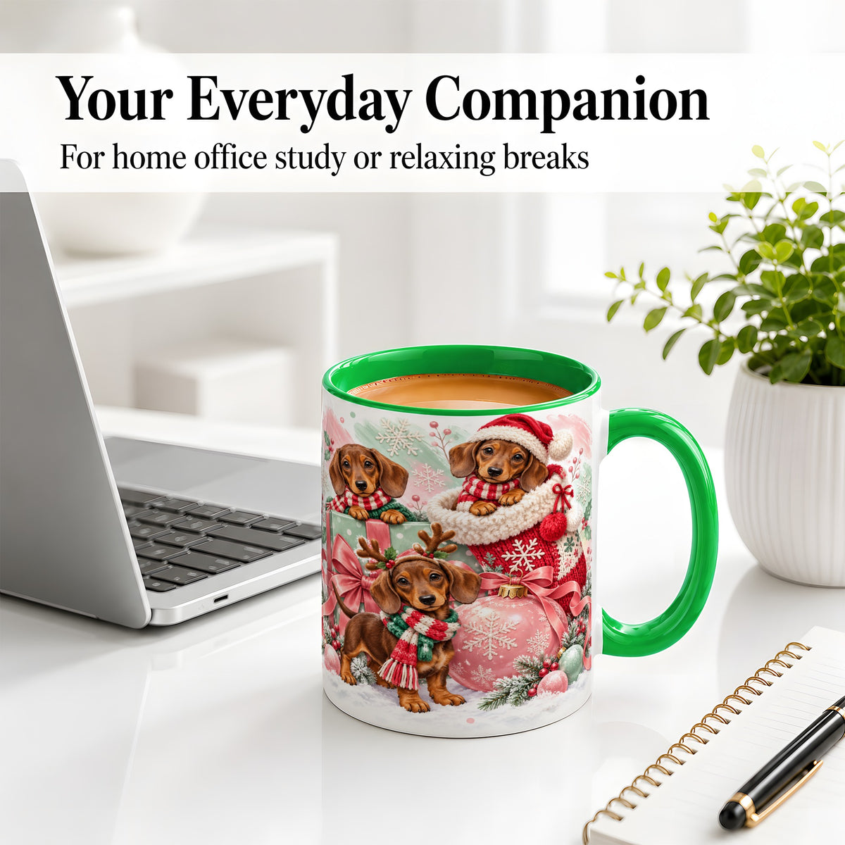 #pl[11oz|Green] Christmas Dachshund Puppies Accent Mug, Ceramic Holiday Cup
