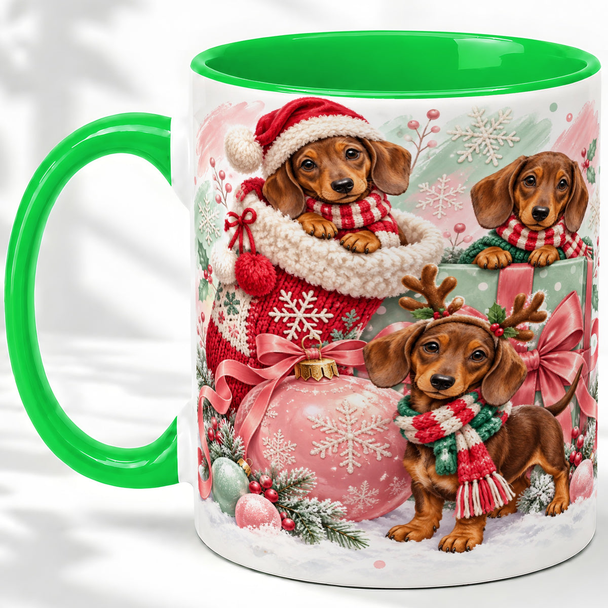 #pl[11oz|Green] Christmas Dachshund Puppies Accent Mug, Ceramic Holiday Cup