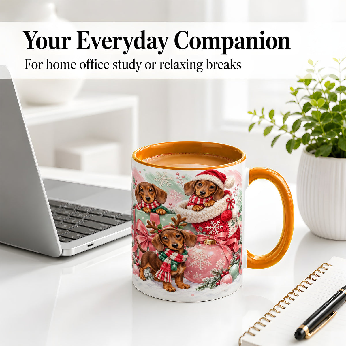 #pl[11oz|Orange] Christmas Dachshund Puppies Accent Mug, Ceramic Holiday Cup