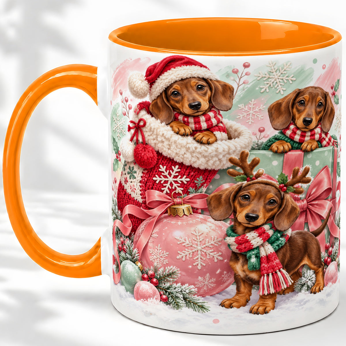 #pl[11oz|Orange] Christmas Dachshund Puppies Accent Mug, Ceramic Holiday Cup