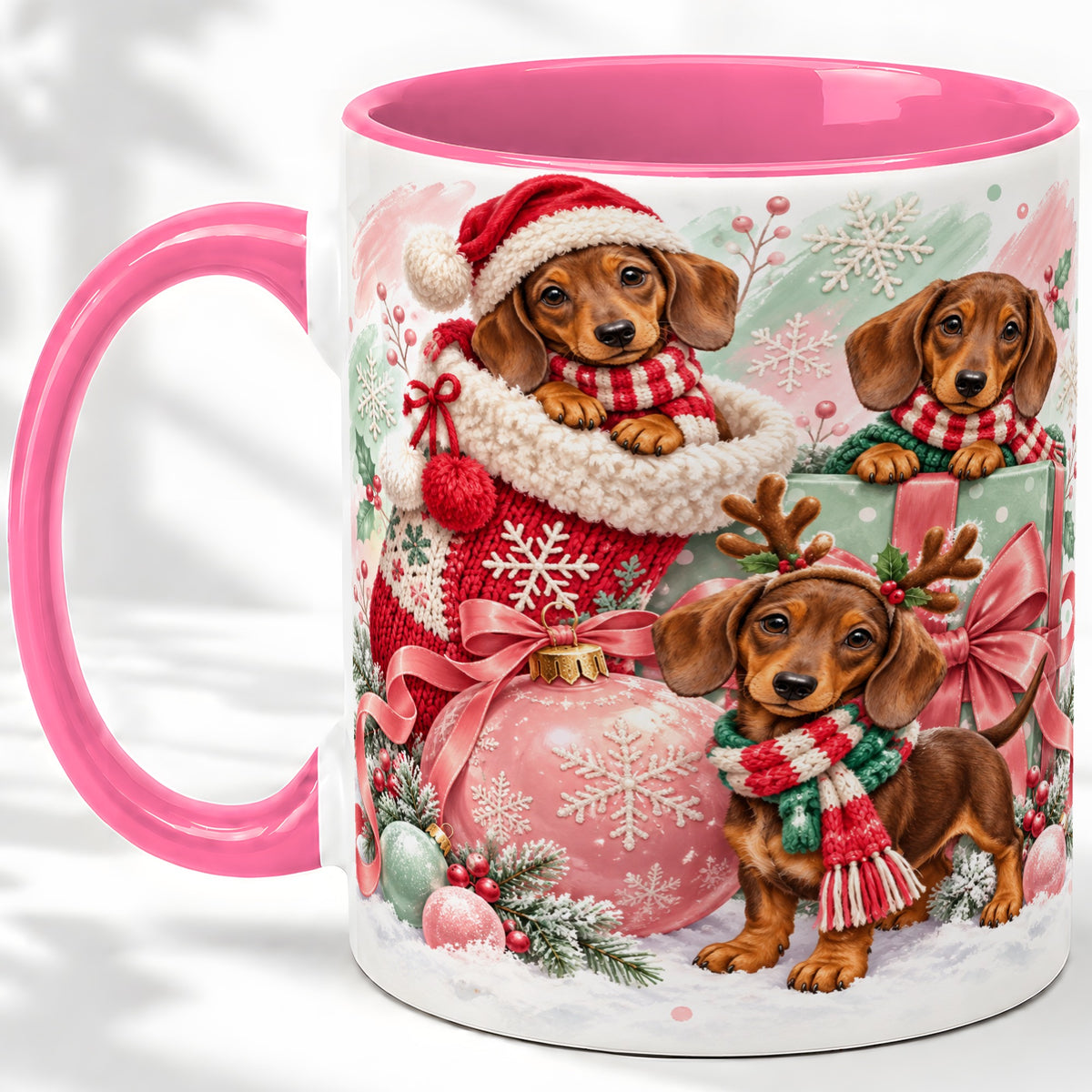 #pl[11oz|Pink] Christmas Dachshund Puppies Accent Mug, Ceramic Holiday Cup