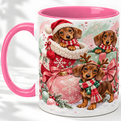 #pl[11oz|Pink] Christmas Dachshund Puppies Accent Mug, Ceramic Holiday Cup