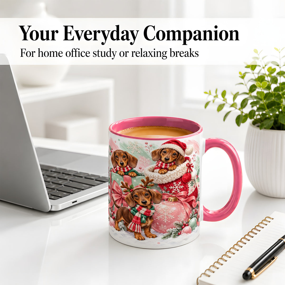#pl[11oz|Pink] Christmas Dachshund Puppies Accent Mug, Ceramic Holiday Cup