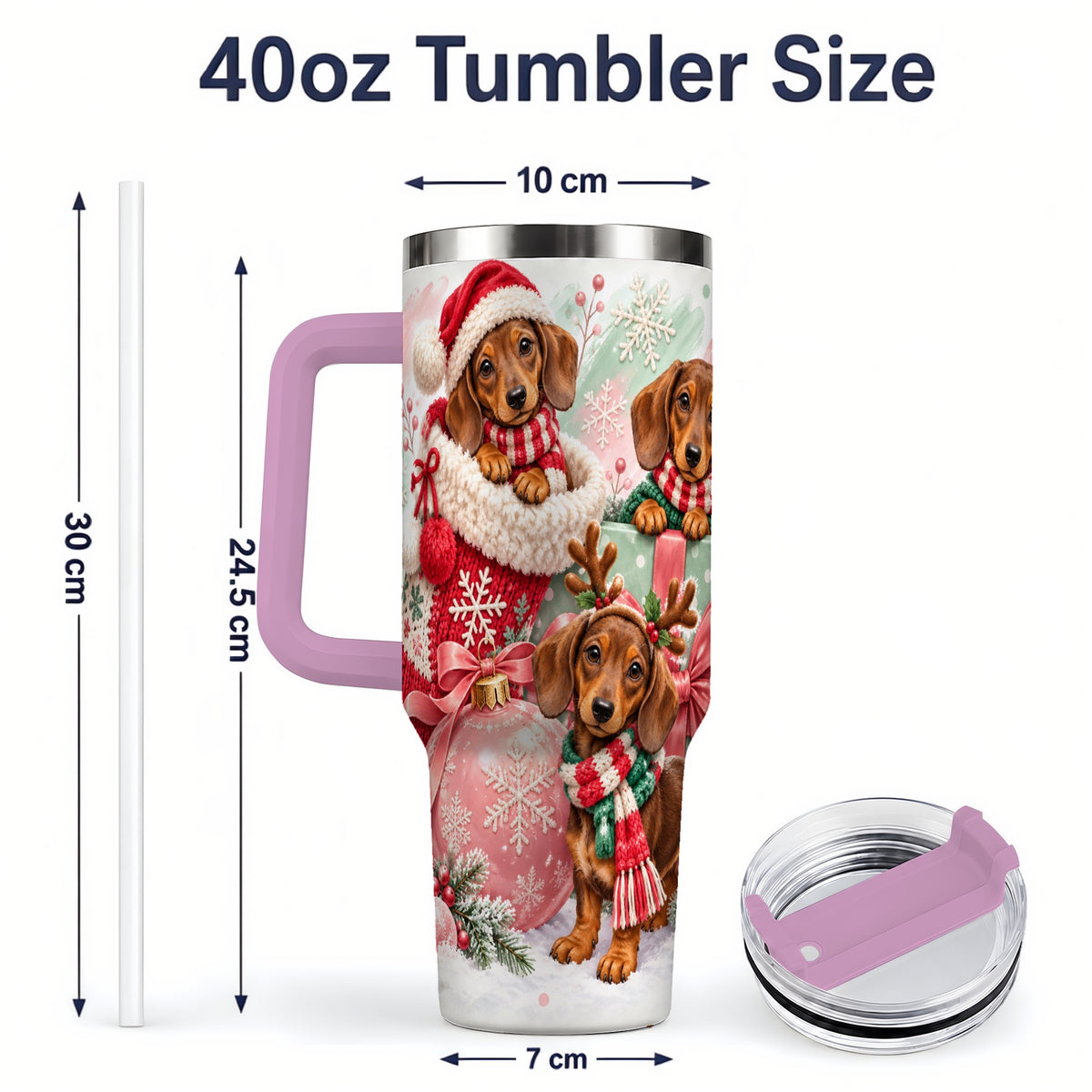 #pl[40oz|Pink] Christmas Dachshund Puppies Handled Tumbler, 40oz Holiday Drinkware