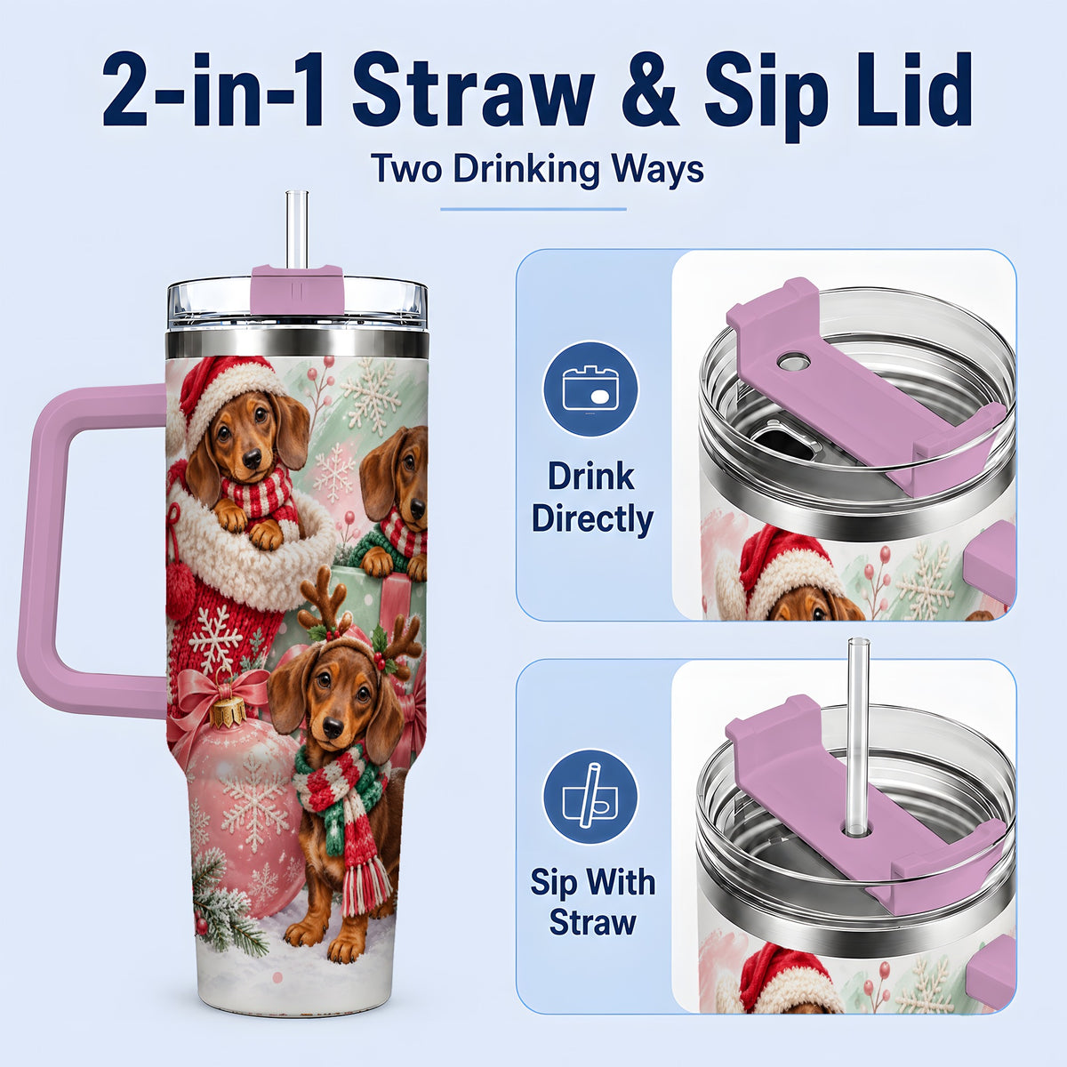 #pl[40oz|Pink] Christmas Dachshund Puppies Handled Tumbler, 40oz Holiday Drinkware