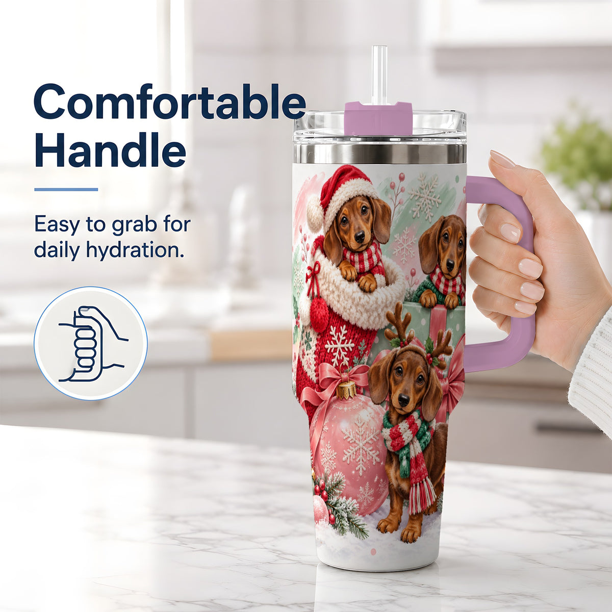 #pl[40oz|Pink] Christmas Dachshund Puppies Handled Tumbler, 40oz Holiday Drinkware