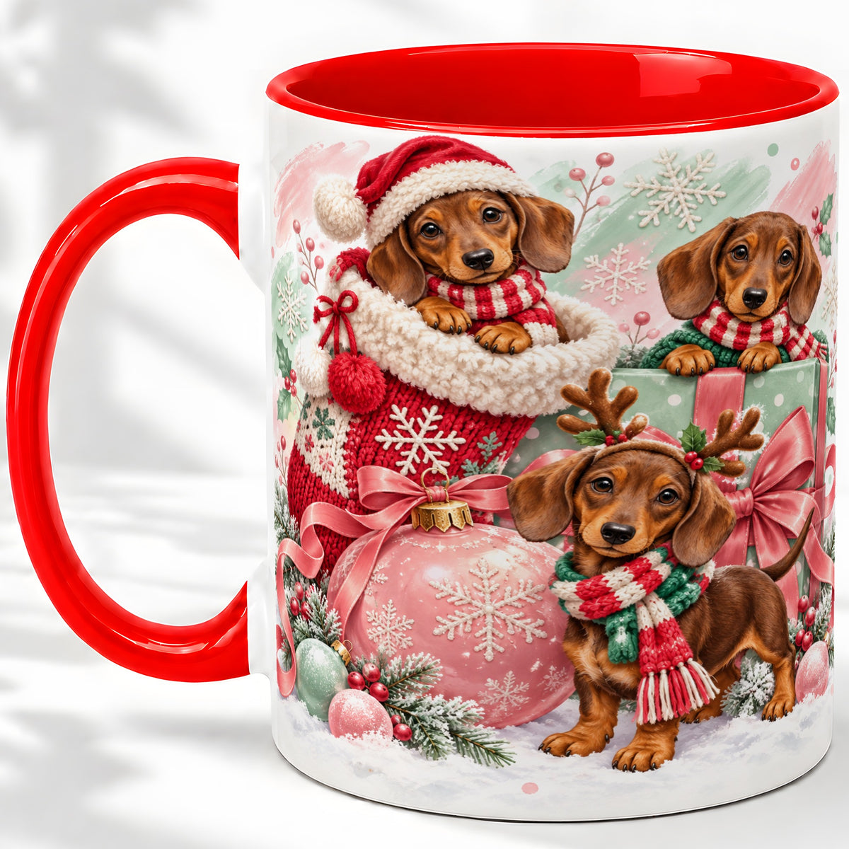 Christmas Dachshund Puppies Accent Mug, Ceramic Holiday Cup