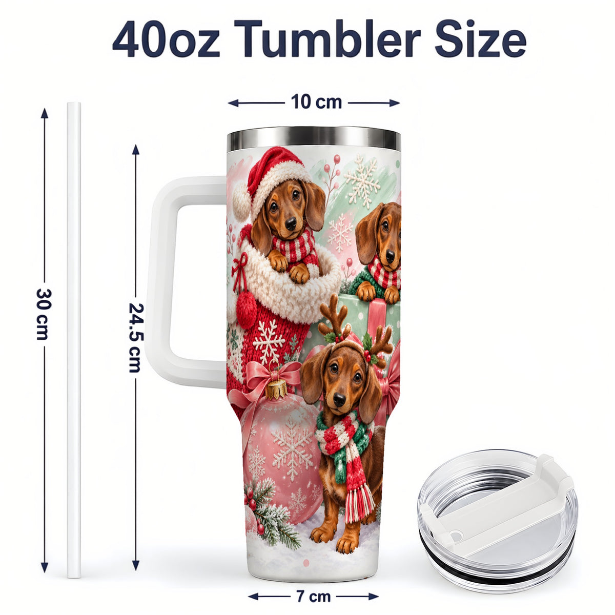 #pl[40oz|White] Christmas Dachshund Puppies Handled Tumbler, 40oz Holiday Drinkware