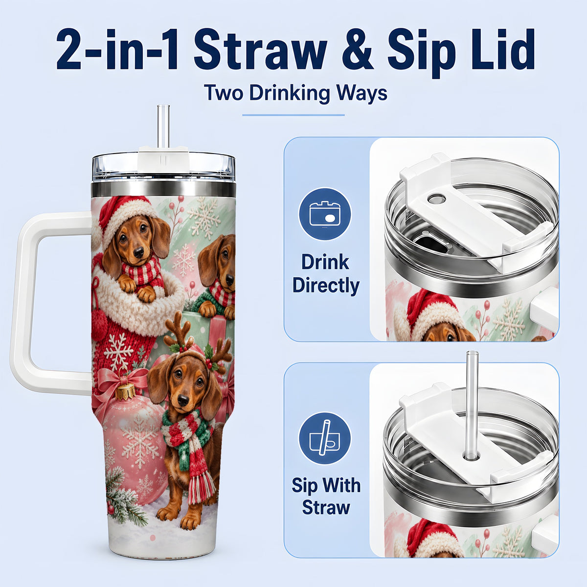 #pl[40oz|White] Christmas Dachshund Puppies Handled Tumbler, 40oz Holiday Drinkware