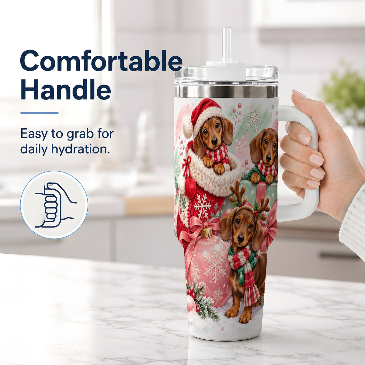 #pl[40oz|White] Christmas Dachshund Puppies Handled Tumbler, 40oz Holiday Drinkware