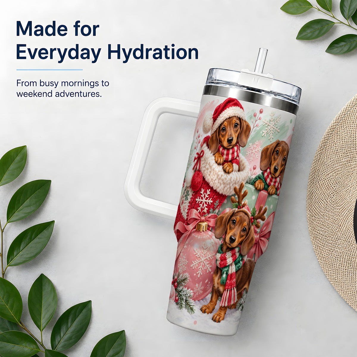 Christmas Dachshund Puppies Handled Tumbler, 40oz Holiday Drinkware