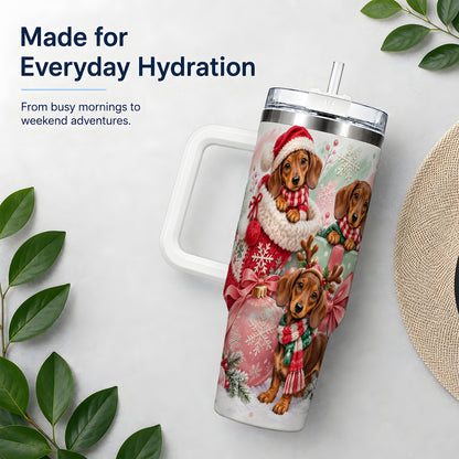 Christmas Dachshund Puppies Handled Tumbler, 40oz Holiday Drinkware