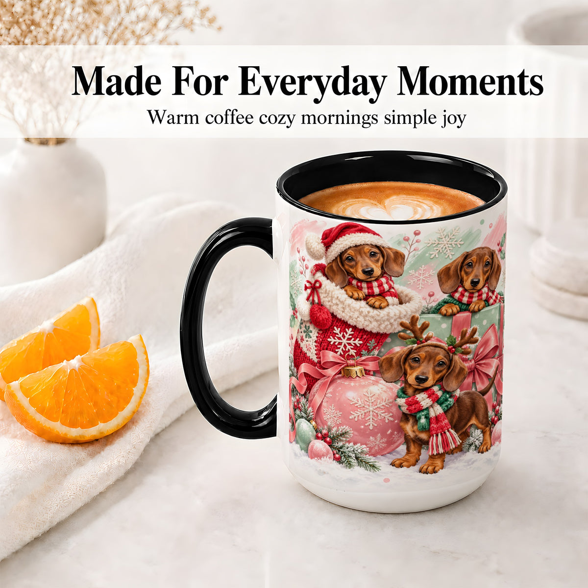 #pl[15oz|Black] Christmas Dachshund Puppies Accent Mug, Ceramic Holiday Cup