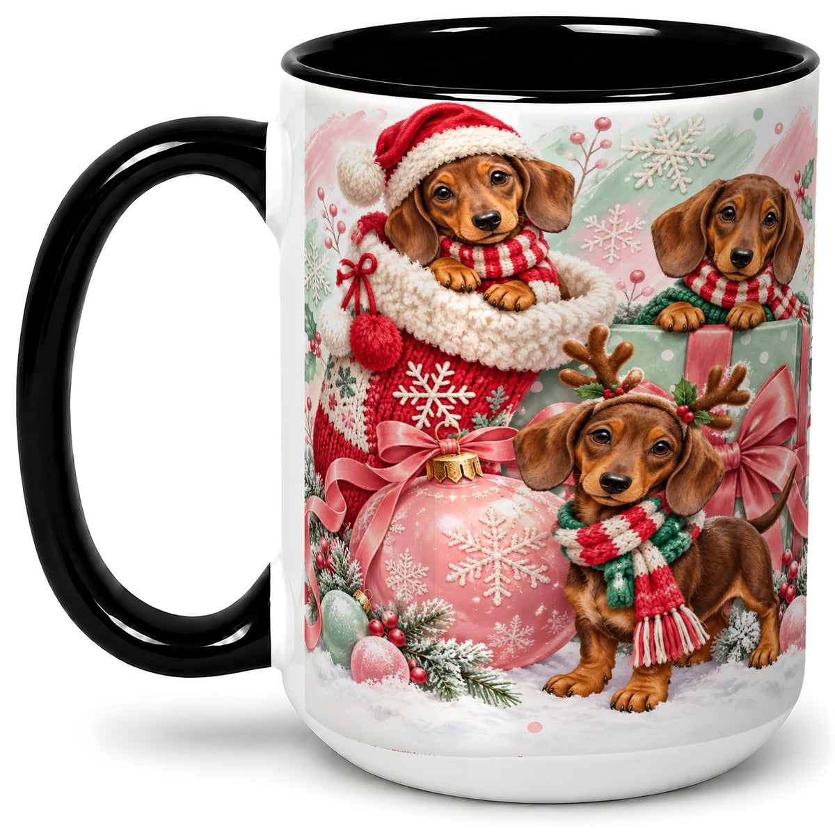 #pl[15oz|Black] Christmas Dachshund Puppies Accent Mug, Ceramic Holiday Cup