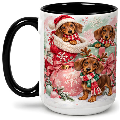 #pl[15oz|Black] Christmas Dachshund Puppies Accent Mug, Ceramic Holiday Cup