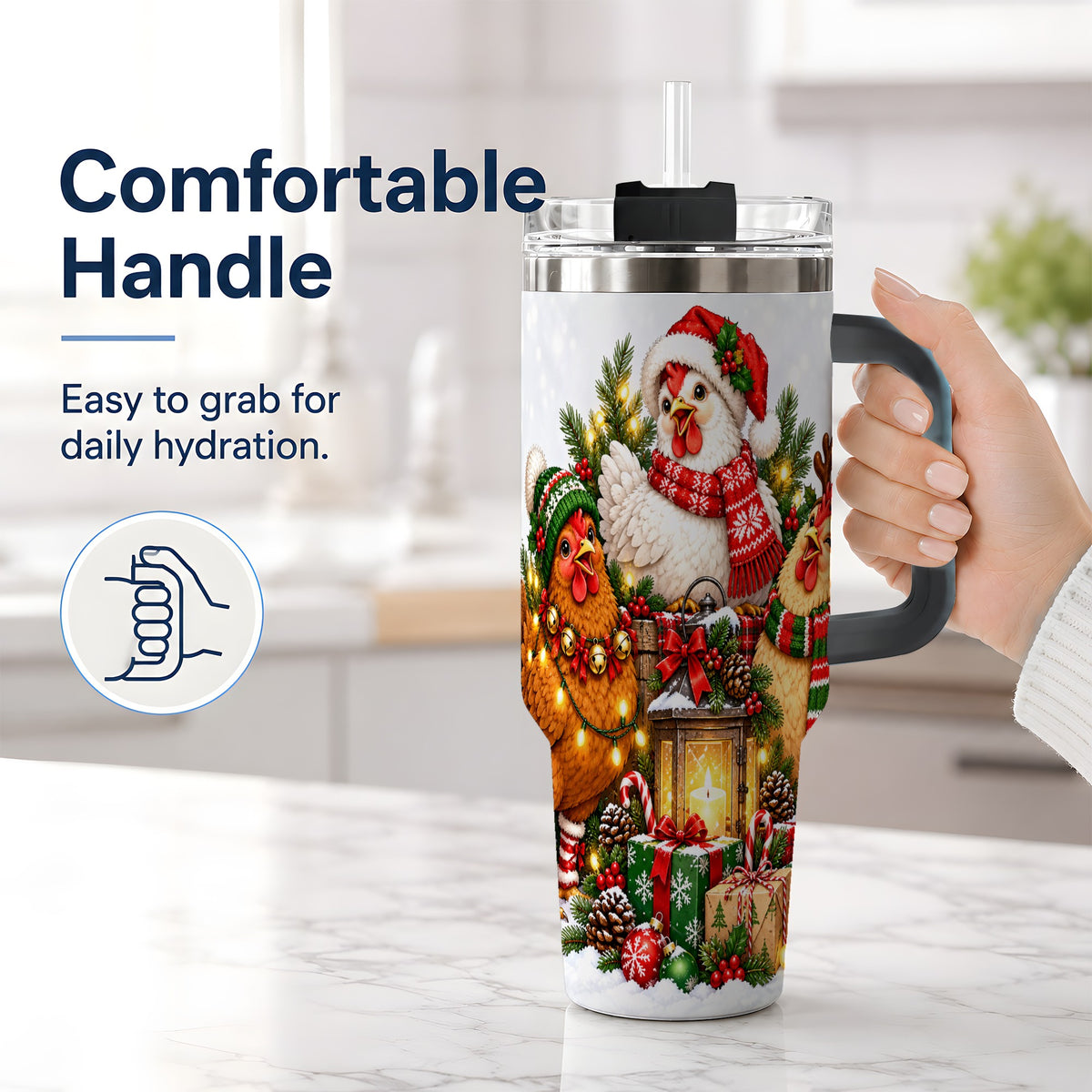 #pl[40oz|Black] Christmas Chickens Handled Tumbler, 40oz Farmhouse Holiday Drinkware