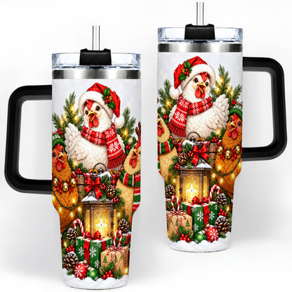 #pl[40oz|Black] Christmas Chickens Handled Tumbler, 40oz Farmhouse Holiday Drinkware