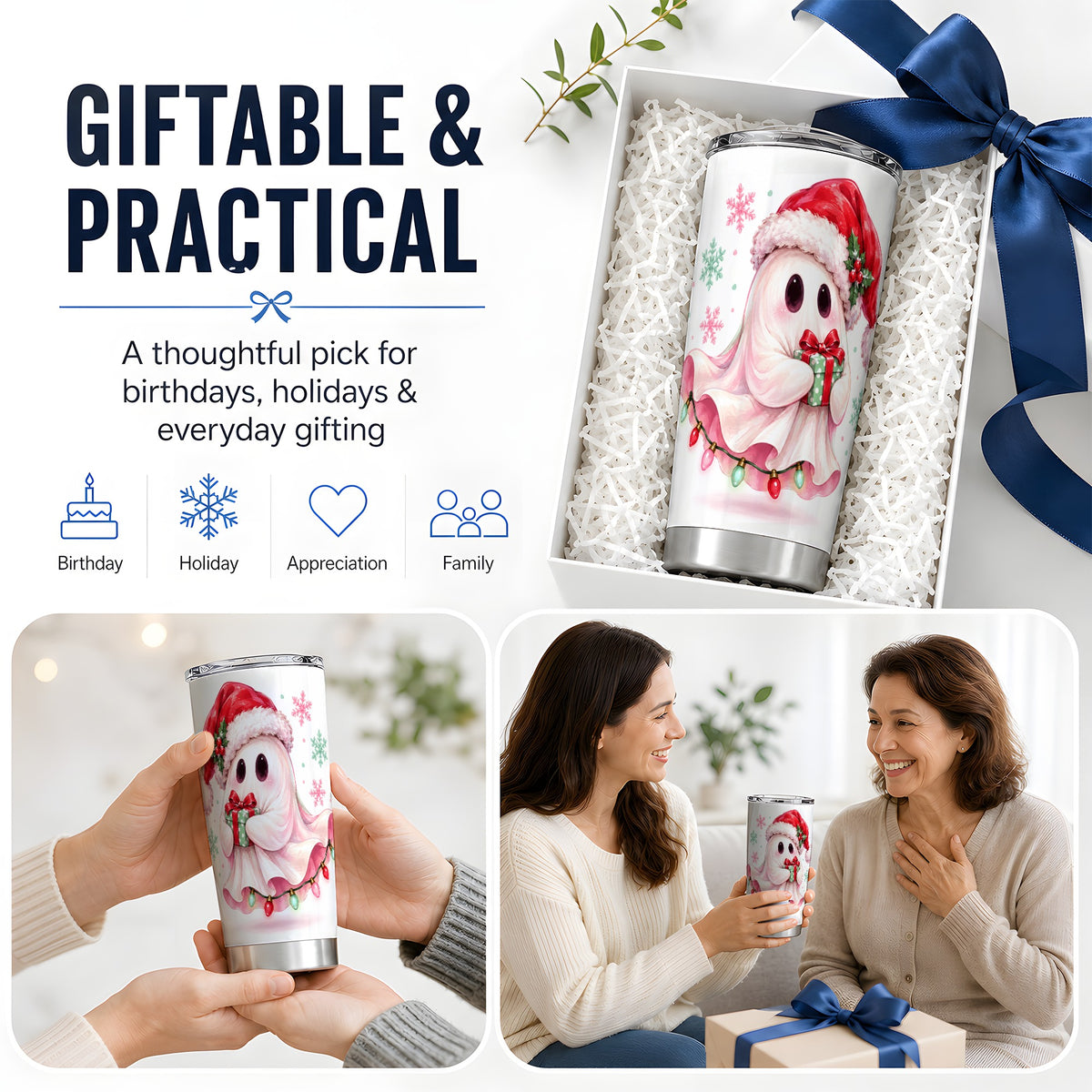 Cute Christmas Ghost Tumbler, 20oz Stainless Steel Festive Drinkware