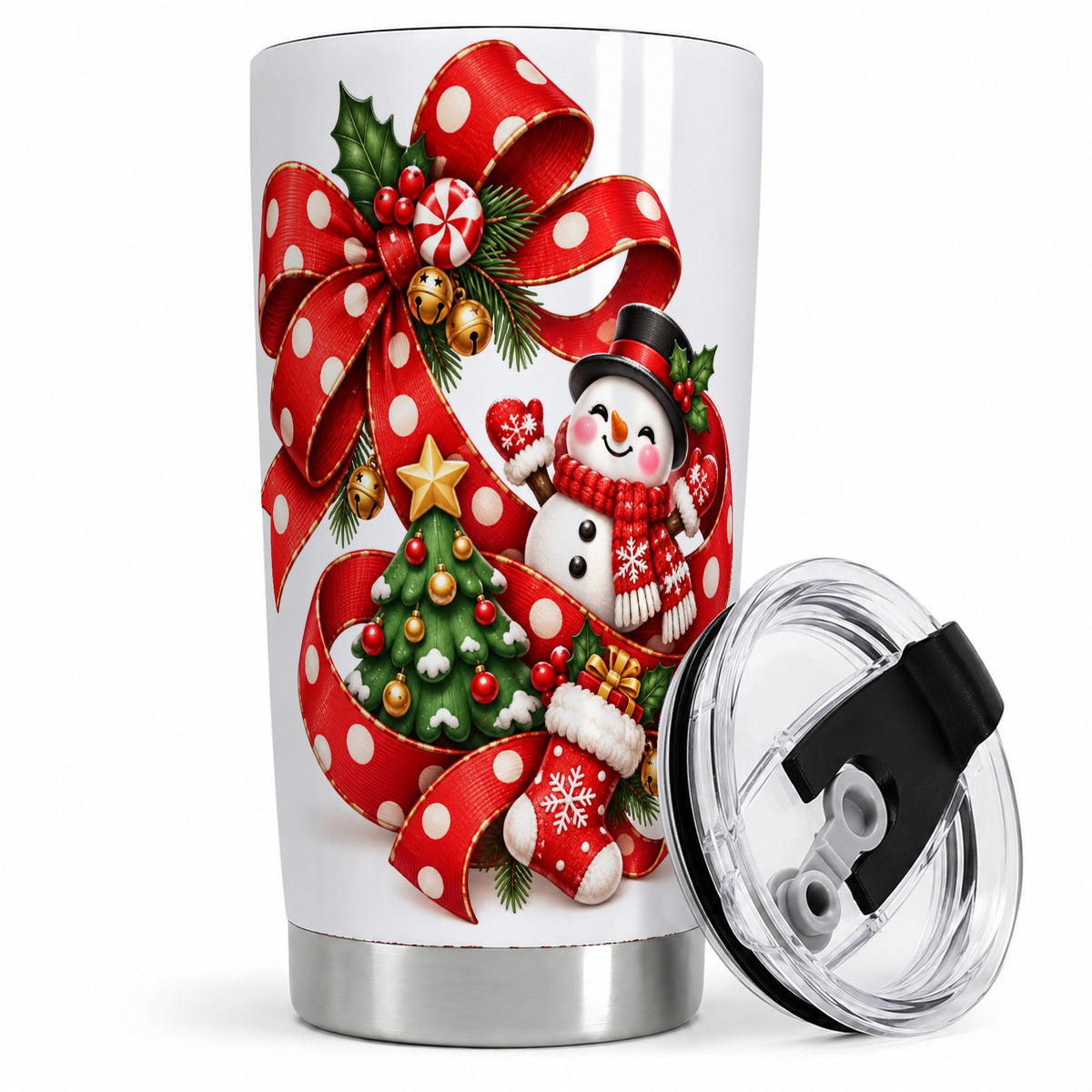 Snowman Christmas Bow Tumbler, 20oz Stainless Steel Holiday Drinkware
