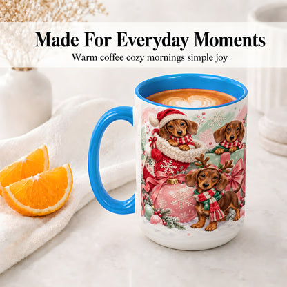 #pl[15oz|Blue] Christmas Dachshund Puppies Accent Mug, Ceramic Holiday Cup