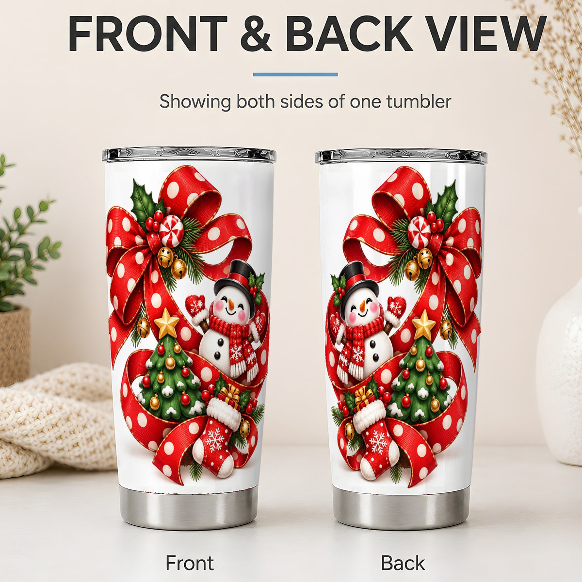 #pl[20oz|Steel] Snowman Christmas Bow Tumbler, 20oz Stainless Steel Holiday Drinkware