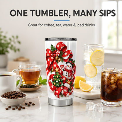 Snowman Christmas Bow Tumbler, 20oz Stainless Steel Holiday Drinkware