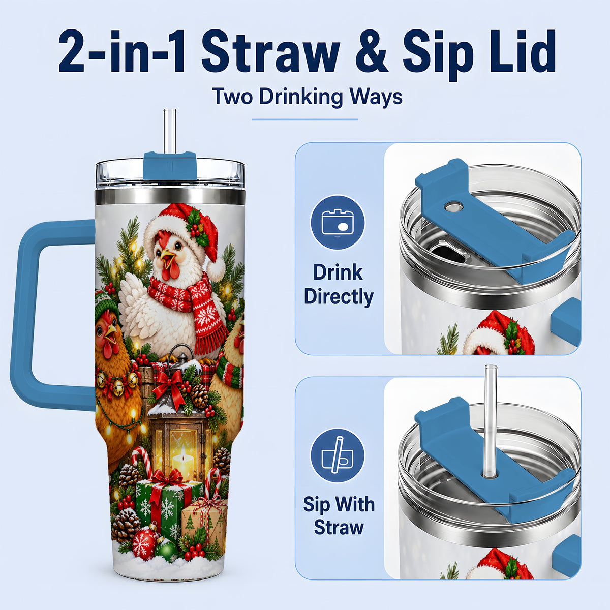 #pl[40oz|Blue] Christmas Chickens Handled Tumbler, 40oz Farmhouse Holiday Drinkware