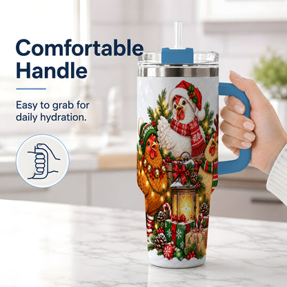 #pl[40oz|Blue] Christmas Chickens Handled Tumbler, 40oz Farmhouse Holiday Drinkware