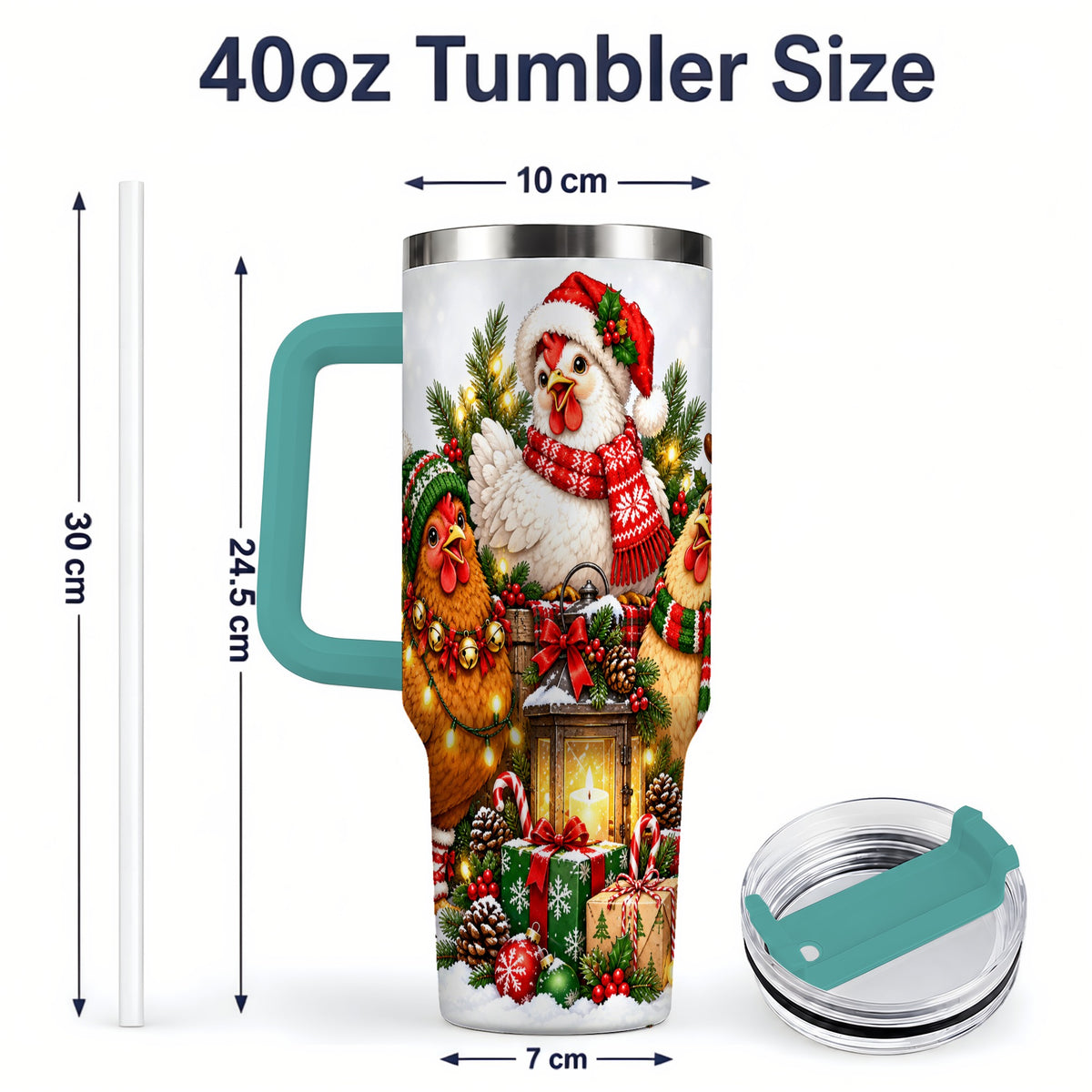 #pl[40oz|Green] Christmas Chickens Handled Tumbler, 40oz Farmhouse Holiday Drinkware