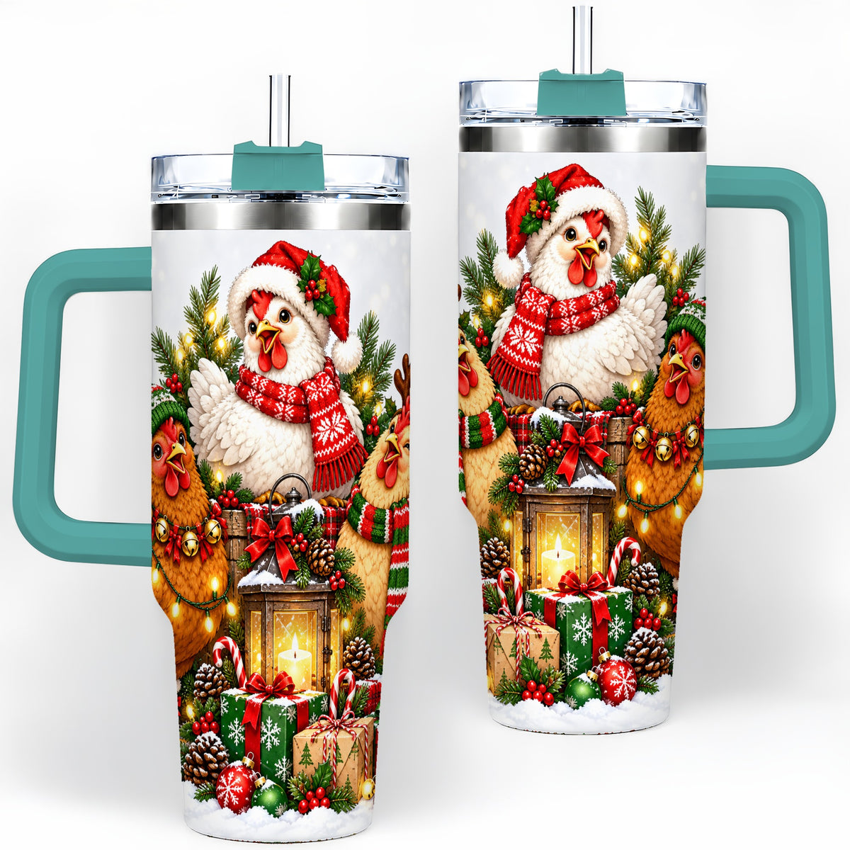 #pl[40oz|Green] Christmas Chickens Handled Tumbler, 40oz Farmhouse Holiday Drinkware